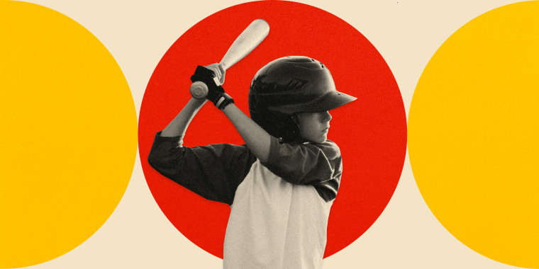 Image: Illustration shows a young boy holding a baseball bat on a background with a red circle.