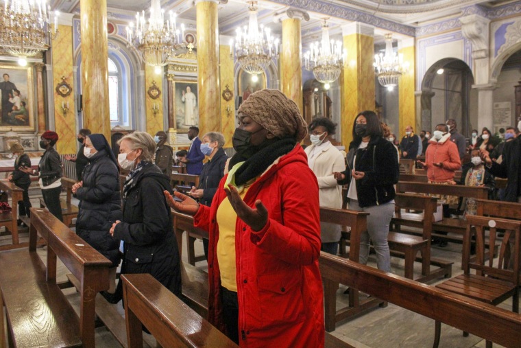 Worshippers attend an Easter Sunday mass at the Catholic Cathedral of the Holy Spirit in Istanbul.