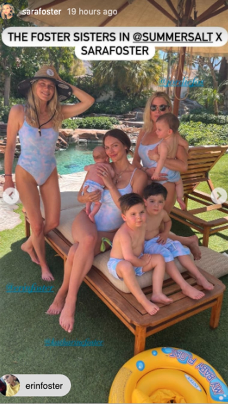 McPhee Foster (center) and her newborn son, Rennie, rocked swimsuits from the same collection.