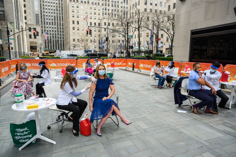 Savannah Guthrie, Craig Melvin, Dylan Dreyer, Sheinelle Jones and Jenna Bush Hager joined Walgreens pharmacists on Rockefeller Plaza to receive their first doses of the Pfizer COVID-19 vaccine.