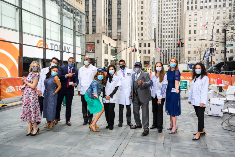 NYC health commissioner Dr. Dave Chokski, the team of Walgreens pharmacists and the whole TODAY crew are all smiles!