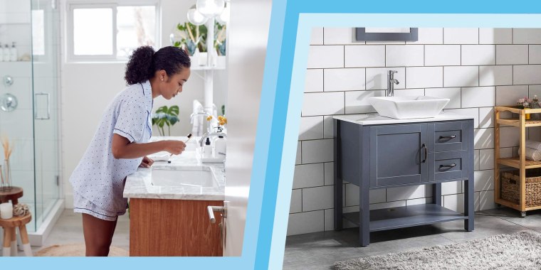Illustration of a Woman in her bathroom using her Vanity sink and a lifestyle image of 30" Gray Bathroom Vanity and Sink Combo Marble Pattern Top with a mirror