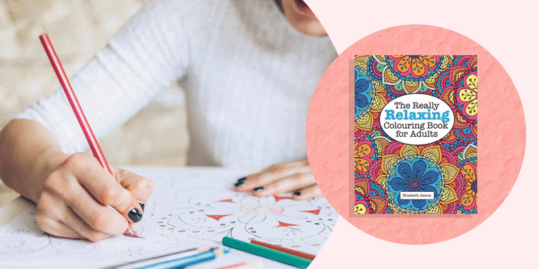 Illustration of a Woman coloring in an adult coloring book and a GIF of different adult coloring books you can purchase online