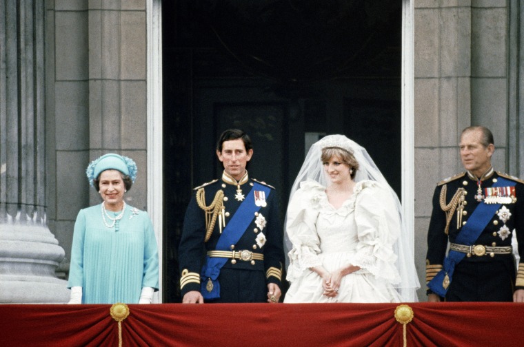 Prince Charles and Lady Diana Spencer with Queen Elizabeth II and Prince Philip on the balcony at Buckingham Palace