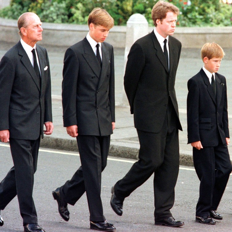 Britain's Prince Philip, Prince William, Earl Spencer, Prince Harry and Prince Charles