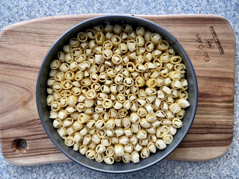 I spent a lot of time — too much time — cutting the cheese into pieces that would fit inside the rigatoni.