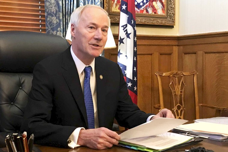 Arkansas Gov. Asa Hutchinson speaks in his office in Little Rock on April 10, 2019.