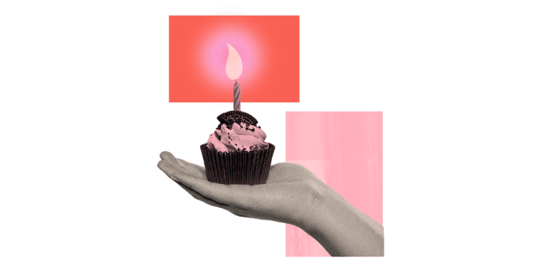 Image: Illustration of hand holding a cupcake with birthday candle