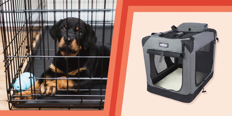 Illustration of a puppy in a crate and the Elitefield dog crate in grey