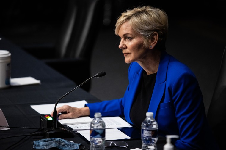 Jennifer Granholm, U.S. secretary of energy nominee, testifies during a Senate Energy & Natural Resources Committee confirmation hearing in Washington on Jan. 27, 2021.