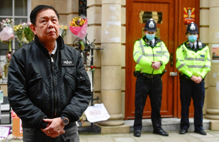 Myanmar's ambassador to the UK, Kyaw Zwar Minn stands, after he was locked out of the London embassy on April 8, 2021.