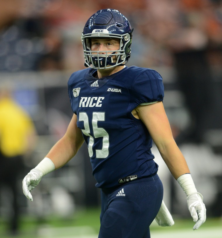 Image: Luke Armstrong warms up prior to  game between the Rice Owls and the Texas Longhorns on Sept. 14, 2019, in Houston, Texas.