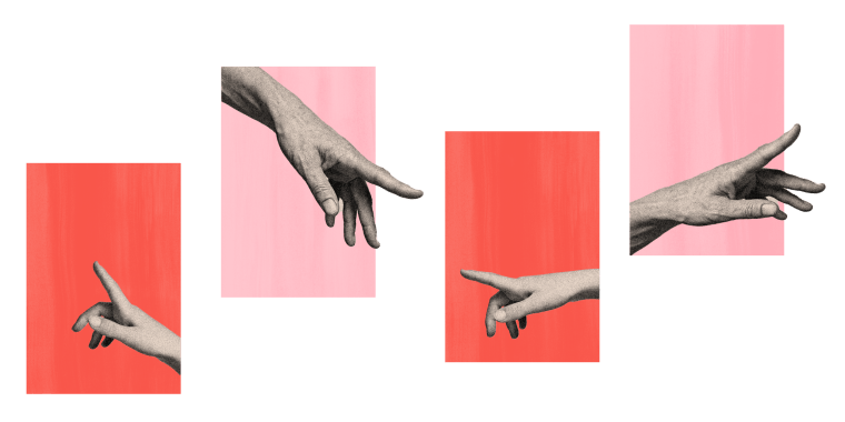 Photo illustration of hands reaching out to each other from their windows.