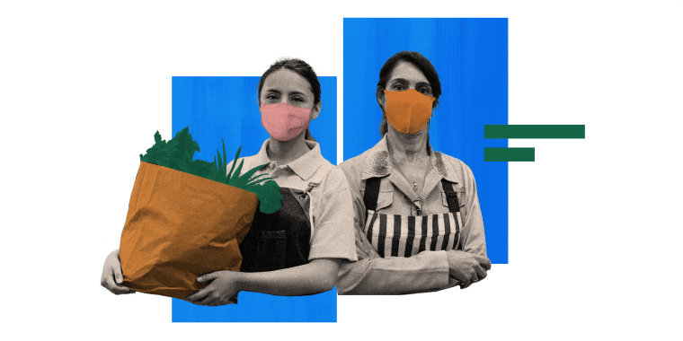 Photo illustration of two essential workers wearing masks and one of them is holding a bag of groceries.