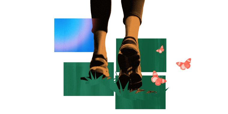 Photo illustration of walking shoes clad feet walking over grass with butterflies flying by.
