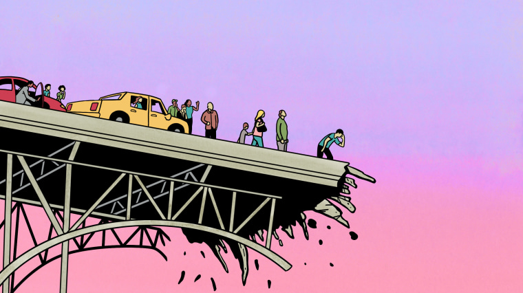 Illustration of a broken bridge with people looking over the side from the road and their car windows.