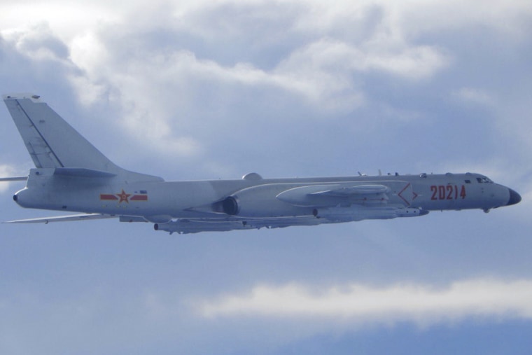 Image: A Chinese People's Liberation Army H-6 bomber fitted with the YJ-12 anti-ship cruise missile flies near the Taiwan air defense identification zone near Taiwan on Sept. 18, 2020.