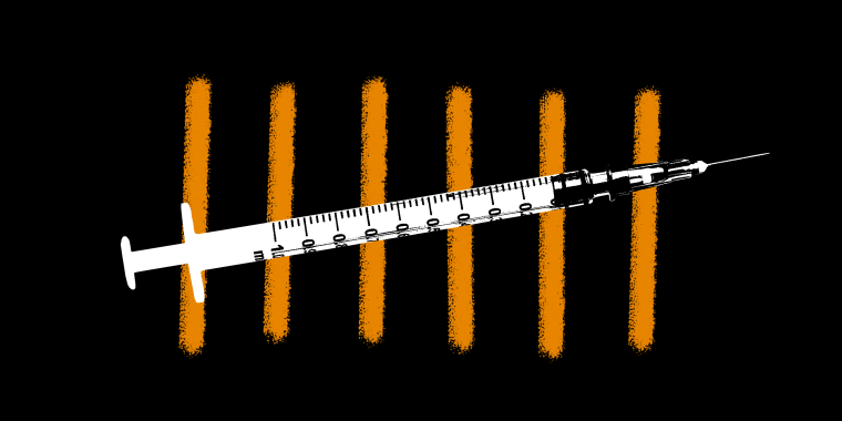 Photo illustration of yellow colored chalk strikes on a black background and a vaccine that cuts across them.