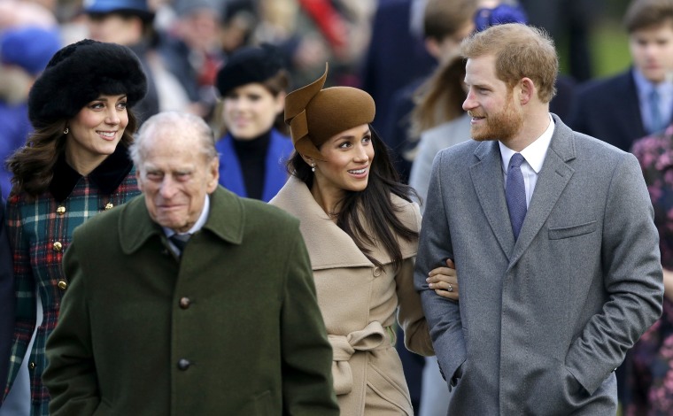 Kate, Duchess of Cambridge, Prince Philip, Meghan, and Prince Harry, walk to the traditional Christmas Day church service, at St. Mary Magdalene Church in Sandringham, England on Dec. 25, 2017.