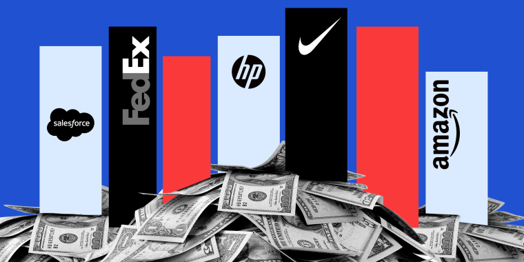 Photo illustration of graphs with corporate logos sitting over heaps of money. Logos of Salesforce, FedEx, HP, Nike and Amazon.