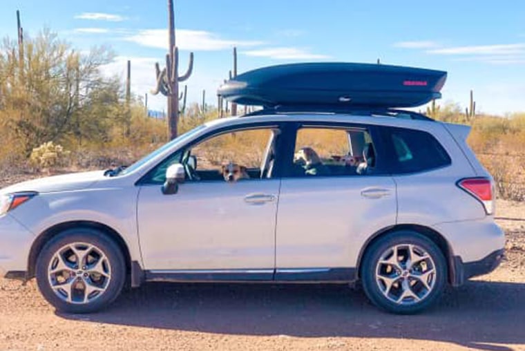 A white 2018 Subaru Forester with Yakima roof rack which reportedly belonged to the couple.