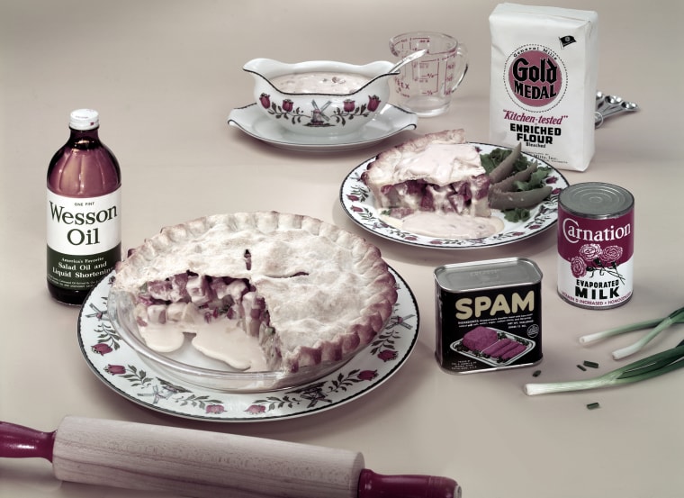 A pie made with Spam, potatoes, scallions and cream of mushroom soup, among other ingredients, 1950s or 1960s.