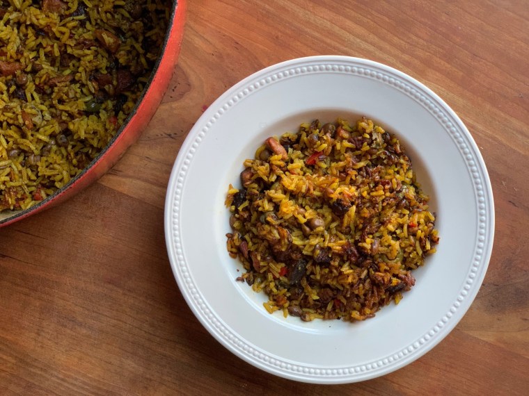 Alejandra Ramos' Puerto Rican arroz con gandules (rice with pigeon peas) served with the pegao on top.