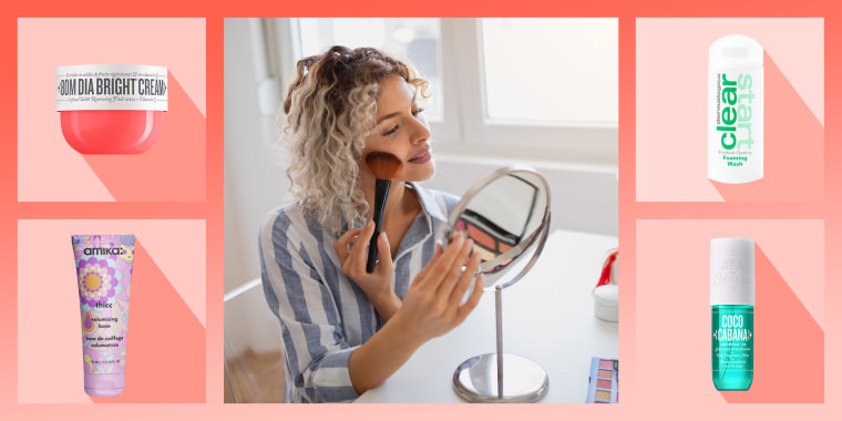 Woman using a blush brush on her cheek while looking in a little mirror, and a roundup of products on sale at Sephora