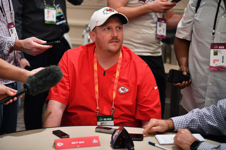 Iimage: Britt Reid Linebackers coach for the Kansas City Chiefs speaks to reporters prior to Super Bowl LIV in Aventura, Fla., on Jan. 29, 2020.