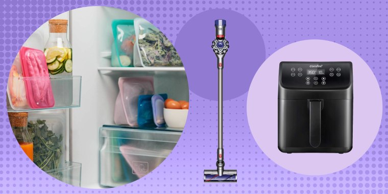 Illustration of the Dyson V7 Animal Cord-Free Stick Vacuum, the COMFEE Digital Air Fryer and Stasher reusable bags in a fridge. Shop the best Amazon's deals from the Deals of the Day sale for the best deals on appliances, kitchen tools, and cookware from