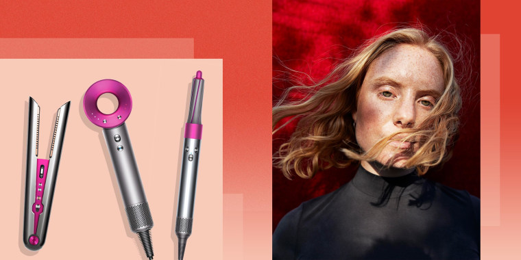 Illustration of a Woman with flow hair and three different types of Dyson hair hot tools. Shop the best Dyson hot tools of 2021. See the best Dyson hair tools such as the Dyson Supersonic hair dryer, Dyson Airwrap and Dyson Corrale straightener.