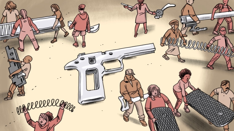 Illustration of diverse figures disassembling a hand gun.