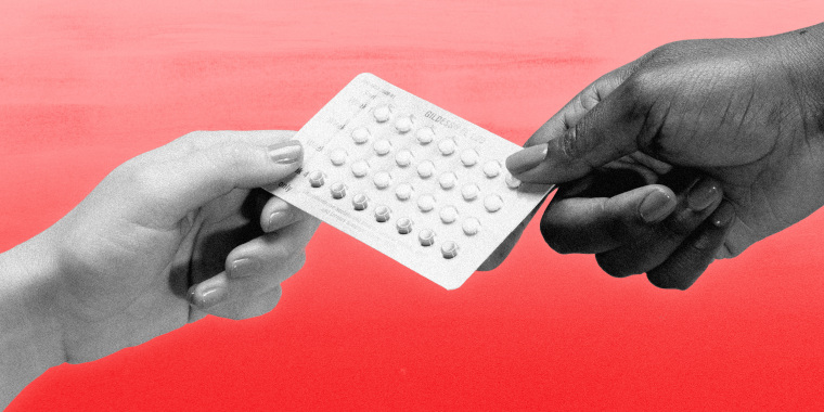 Illustration shows two hands holding a birth control pill packet.