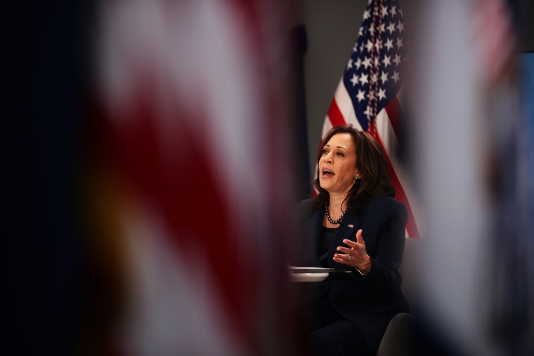 Vice President Kamala Harris holds a virtual meeting in the Eisenhower Executive Office Building on April 01, 2021, in Washington.