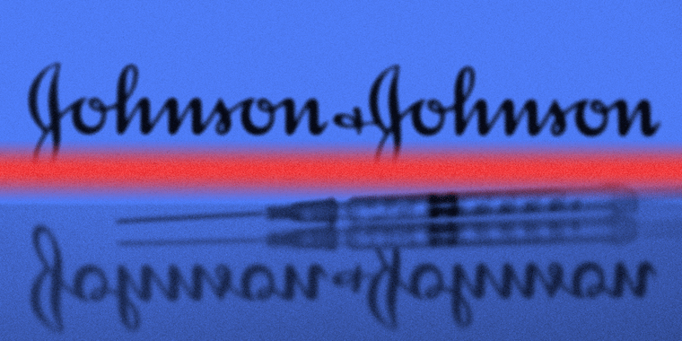 A scan line over a vaccine with the Johnson & Johnson logo in the background and its reflection on the surface.