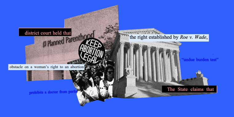 Photo collage of images of a Planned Parenthood clinic, the Supreme Court of the United States and women displaying a \"Keep Abortion Legal\" sign from 1989. Text snippets over it read,\"state claims that\", the right established by Roe v Wade\".