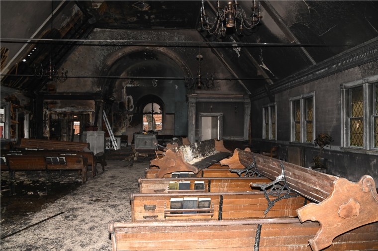 Image:  Damage inside  the Martin Luther King Community Presbyterian Church in Springfield, Mass. following a  fire in December 2020.