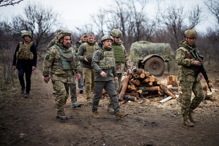 Ukraine's President Volodymyr Zelenskiy visits positions of armed forces near the frontline with Russian-backed separatists during his working trip in Donbass region on April 8, 2021.
