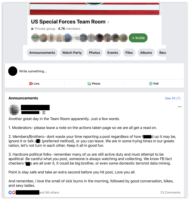 IMAGE: A 2020 announcement in the US Special Forces Team Room group tells members to be careful of what they post because "someone is always watching and collecting."