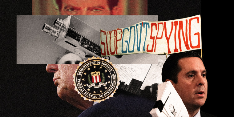 Photo collage with a close up of Richard Nixon's eyes, a hand holding an old TV camera, the FBI stamp, a banner that reads,\"Stop Govt Spying\", Devin Nunes and a cropped profile of Donald Trump at the back.