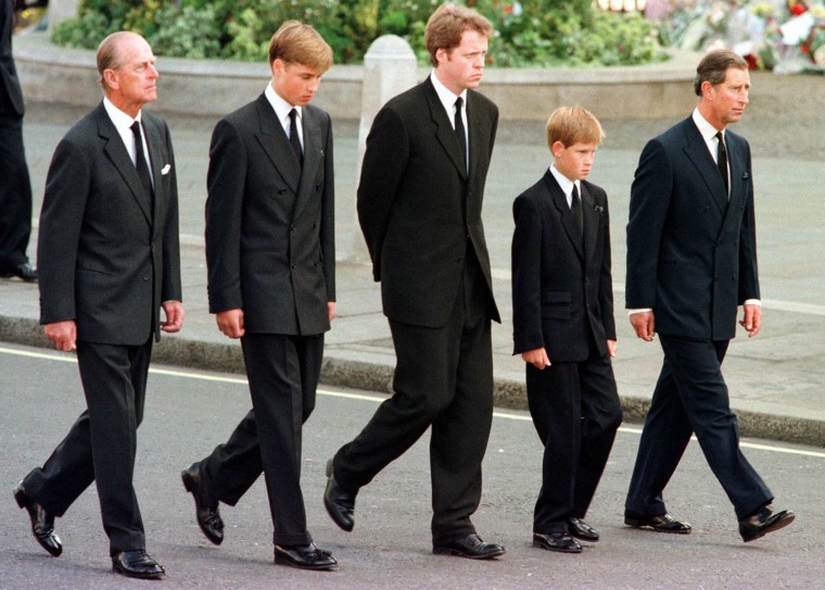 Image: Prince Philip, Prince William, Earl Spencer, Prince Harry and Prince Charles walk outside Westminster Abbey during the funeral service for Diana on Sept. 6, 1997.