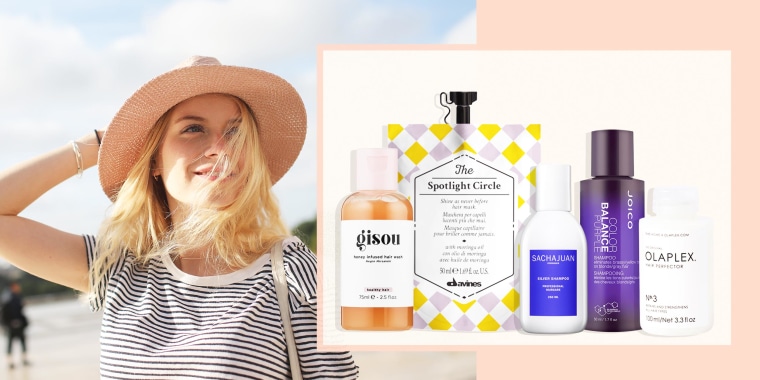 Illustration of a woman with icy blonde hair wearing a pink hat, and bleach shampoo's from Gisou, The Spotlight Circle, Sachajuan, Joyce and Olaplex. Learn how to take care of bleached hair and shop the best shampoos for bleached hair and best conditioner