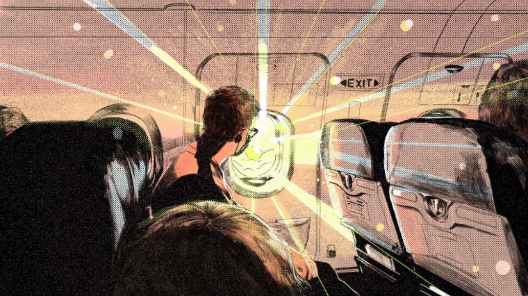 Illustration of a man in a mask looking at the glaring sun through a plane window.
