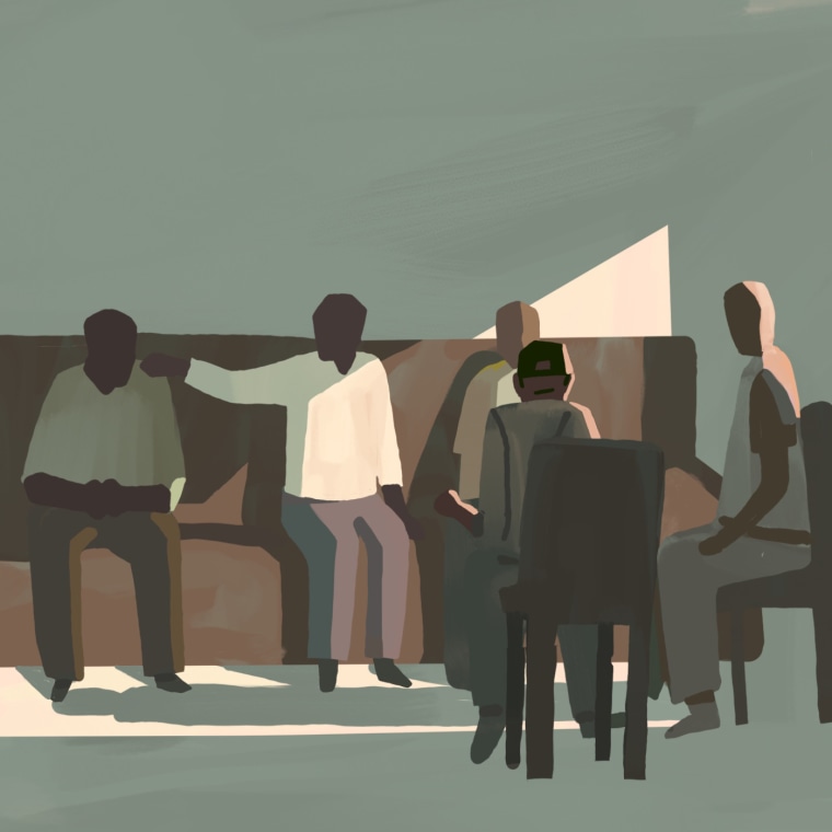 Illustration of Black men in a living room watching the Derek Chauvin trial on TV and comforting one another.