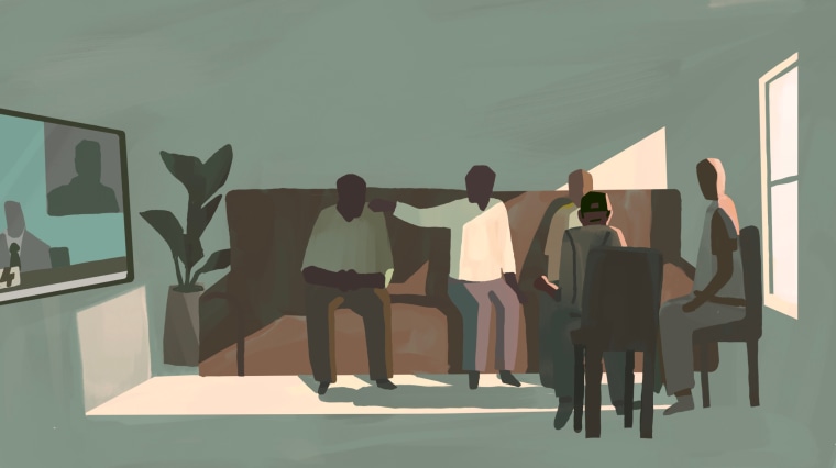 Illustration of Black men in a living room watching the Derek Chauvin trial on TV and comforting one another.