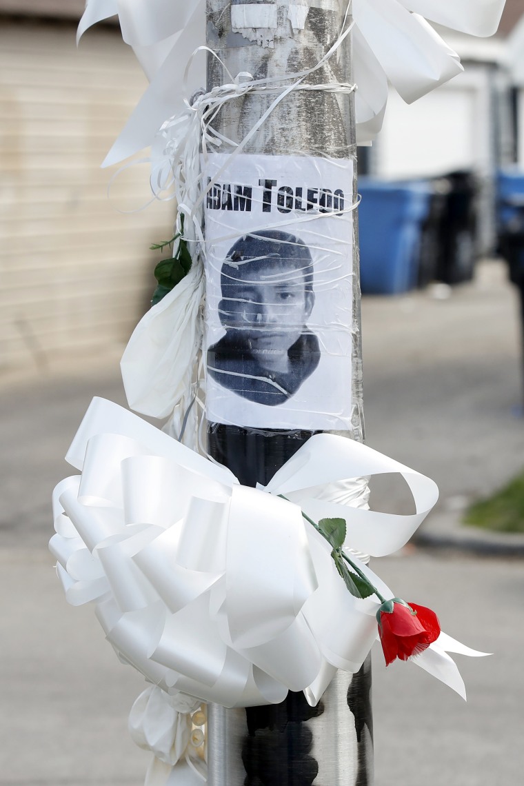 A small memorial where 13-year-old Adam Toledo was shot and killed by a Chicago police officer in the Little Village neighborhood