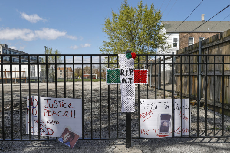 A small memorial where 13-year-old Adam Toledo was shot and killed by a Chicago police officer in the Little Village neighborhood