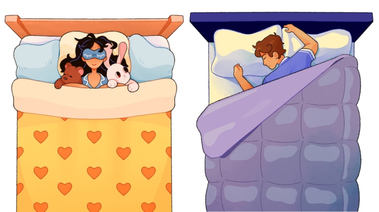 Illustration of a man and woman in separate beds, enjoying their alone time.