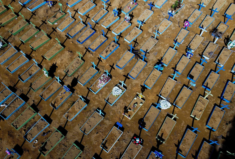 Image: Aerial view of graves of Covid-19 victims at the Nossa Senhora Aparecida cemetery in Manaus, Amazon state, Brazil