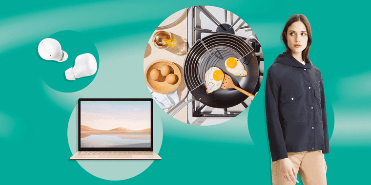 Illustration of Amazon echo earbuds in white, the Microsoft Surface Laptop 4, a GIF of eggs being cooked on the new Five Two Ultimate Carbon Steel Wok and a Woman wearing the new Woolrich coat in blue
